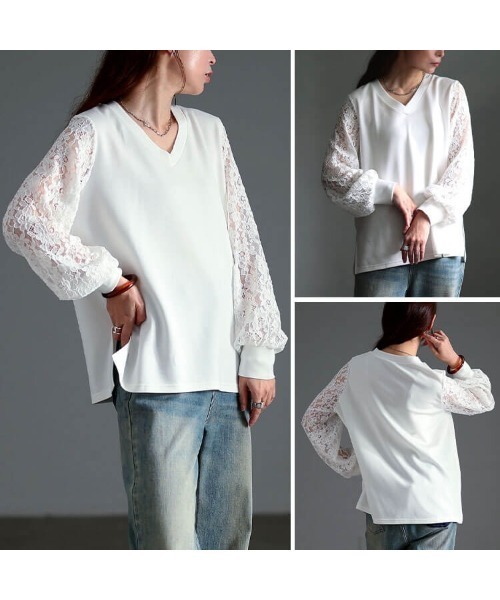 GOLDJAPAN(ゴールドジャパン)の「レース袖切り替えVネックプルオーバー【大きいサイズ対応】(Tシャツ/カットソー・レディース・ブルー/オフホワイト/ブラック・LL/5L/4L/3L)」の20枚目の写真
