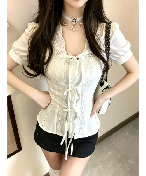 GEMEDA(ジェメダ)の「カワイイフェイクレイヤードリボン半袖シャツ(シャツ/ブラウス・レディース・ホワイト・M)」の10枚目の写真