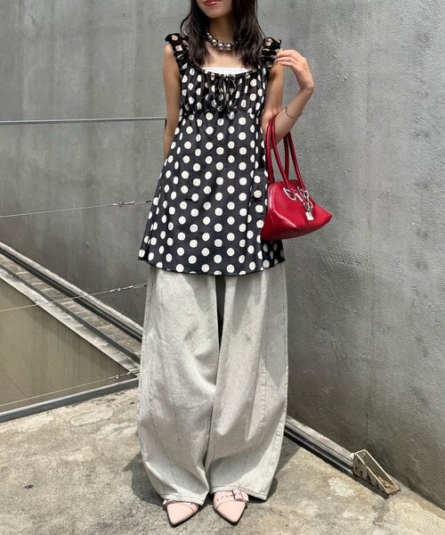 CIAOPANIC（チャオパニック）の「（ドット柄/花柄）ショルダーギャザーベロアチュニックワンピース（チュニック・レディース・レッド系その他/ブラック系その他/ベージュ/ブラック/オレンジ/レッド・ONE SIZE）」の14枚目の写真