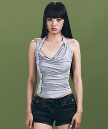 Hush Button Halter Sleeveless Top (Melange Grey)