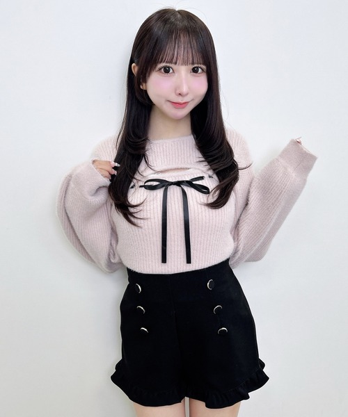 INGNI(イング)の「フェザーリブデコルテオープンリボンニット(ニット/セーター・レディース・チャコールグレー/ピンク/ボルドー/ブラック/オフホワイト・M)」の1枚目の写真