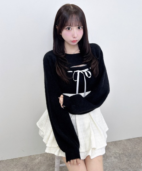 INGNI(イング)の「フェザーリブデコルテオープンリボンニット(ニット/セーター・レディース・チャコールグレー/ピンク/ボルドー/ブラック/オフホワイト・M)」の13枚目の写真