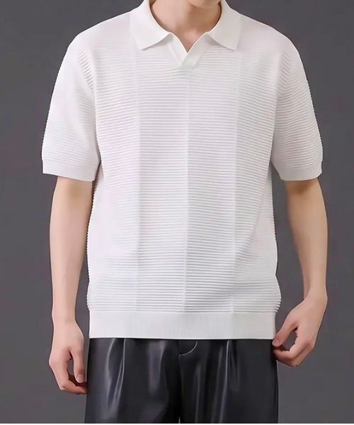 Dalfwin(ダールフィン)の「リブ編み スキッパーニットポロシャツ 半袖(ポロシャツ・メンズ・グレー/ブラック/ホワイト・MEDIUM/LARGE)」の1枚目の写真