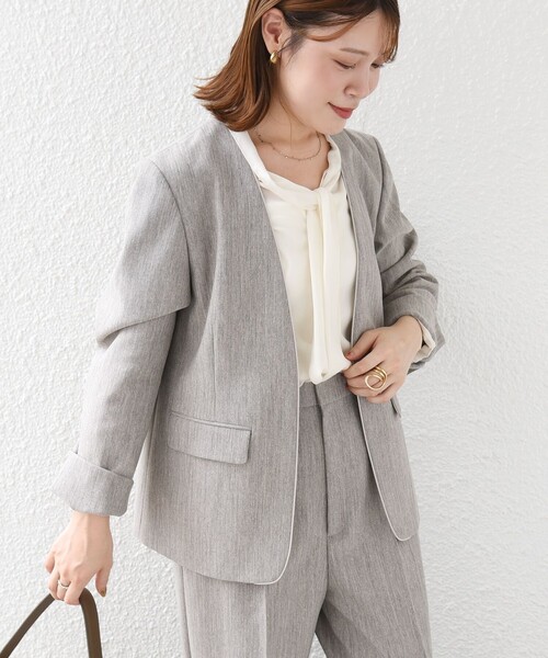 SHIPS（シップス）の「〈洗濯機可能〉FUNCTION ツイル ジャケット 26AW（ノーカラージャケット・レディース・ネイビー/ベージュ系・40/38/36/34）」の7枚目の写真