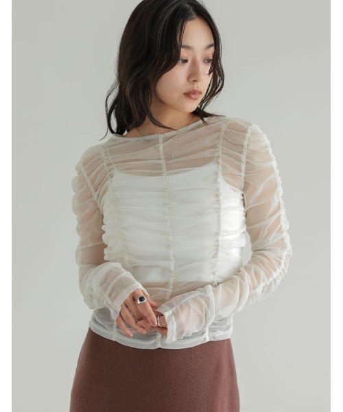 Re:EDIT(リエディ)の「チュールシャーリングシアートップス(Tシャツ/カットソー・レディース・ブラック/アイボリー・FREE)」の13枚目の写真