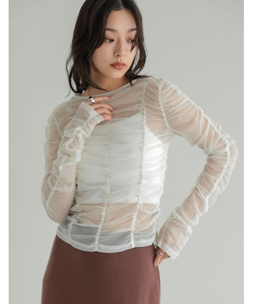 Re:EDIT(リエディ)の「チュールシャーリングシアートップス(Tシャツ/カットソー・レディース・ブラック/アイボリー・FREE)」の15枚目の写真