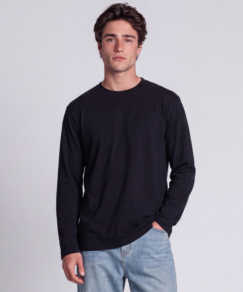 BASIC HOUSE（ベーシックハウス）の「[3PACK] 綿30番手 レギュラーフィット ラウンドネック 長袖Tシャツ (3パック)（Tシャツ/カットソー・メンズ・ブラック/ホワイト・90/95/100/105/110/115）」の6枚目の写真