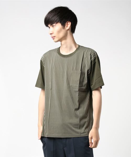 PARKS TOKYO SELECT（パークストウキョウセレクト）の「【BS】天竺 無地×抜染ストライプ 半袖カットソー（Tシャツ/カットソー・メンズ・ブラック/ネイビー/カーキ・LARGE/MEDIUM）」の3枚目の写真