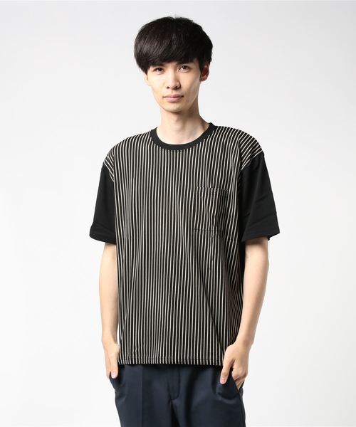 PARKS TOKYO SELECT（パークストウキョウセレクト）の「【BS】天竺 無地×抜染ストライプ 半袖カットソー（Tシャツ/カットソー・メンズ・ブラック/ネイビー/カーキ・LARGE/MEDIUM）」の2枚目の写真