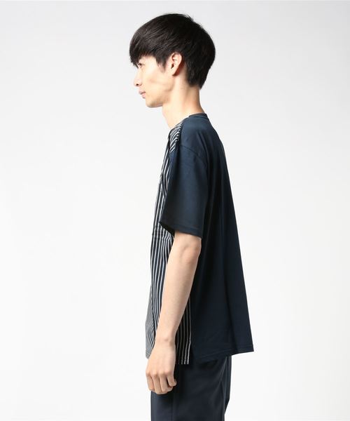 PARKS TOKYO SELECT（パークストウキョウセレクト）の「【BS】天竺 無地×抜染ストライプ 半袖カットソー（Tシャツ/カットソー・メンズ・ブラック/ネイビー/カーキ・LARGE/MEDIUM）」の5枚目の写真