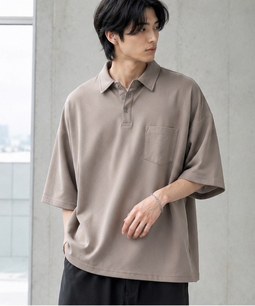 B.I.D.(ビーアイディー)の「《Bl》梨地ビッグシルエットポロシャツ 半袖(ポロシャツ・メンズ・ブラック/ベージュ/ネイビー/ブラウン/グレイッシュベージュ/チャコールグレー/チャコール/ホワイト/ライトグレー・MEDIUM/LARGE)」の8枚目の写真