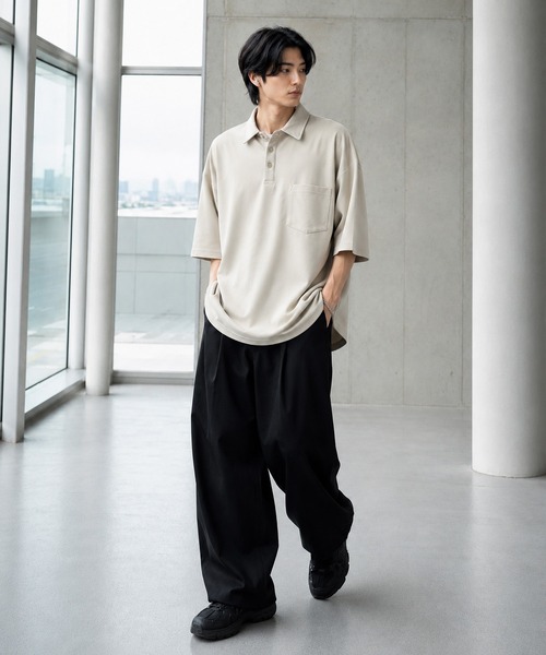 B.I.D.(ビーアイディー)の「《Bl》梨地ビッグシルエットポロシャツ 半袖(ポロシャツ・メンズ・ブラック/ベージュ/ネイビー/ブラウン/グレイッシュベージュ/チャコールグレー/チャコール/ホワイト/ライトグレー・MEDIUM/LARGE)」の14枚目の写真