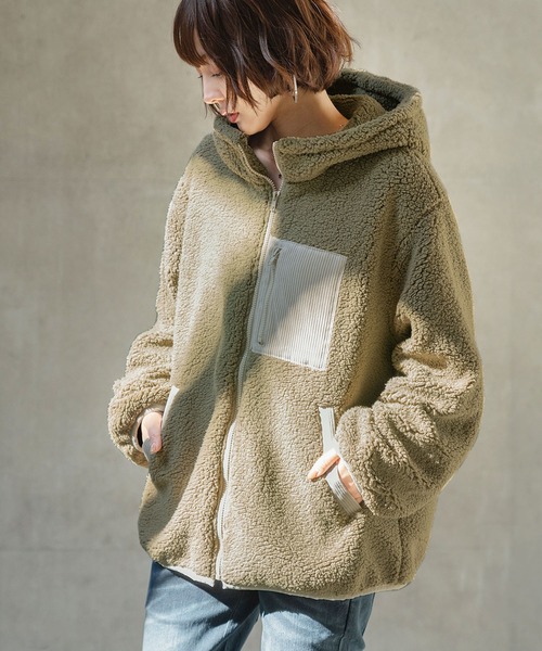 n'OrLABEL（ノアールレーベル）の「『異素材フーデッドボアブルゾン』（ブルゾン・レディース・モカ/ピンクベージュ/ライトカーキ/グレイッシュベージュ/ブラック/グレイッシュブルー/パープル/グリーン・FREE/1/2）」の5枚目の写真