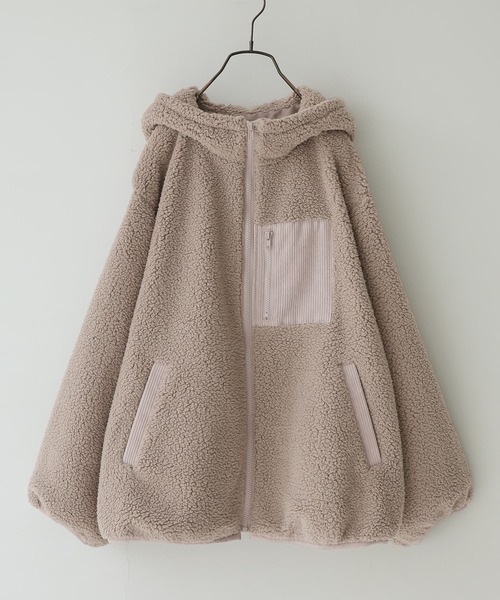 n'OrLABEL（ノアールレーベル）の「『異素材フーデッドボアブルゾン』（ブルゾン・レディース・モカ/ピンクベージュ/ライトカーキ/グレイッシュベージュ/ブラック/グレイッシュブルー/パープル/グリーン・FREE/1/2）」の16枚目の写真