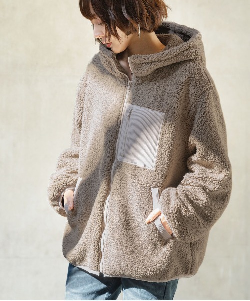 n'OrLABEL（ノアールレーベル）の「『異素材フーデッドボアブルゾン』（ブルゾン・レディース・モカ/ピンクベージュ/ライトカーキ/グレイッシュベージュ/ブラック/グレイッシュブルー/パープル/グリーン・FREE/1/2）」の17枚目の写真