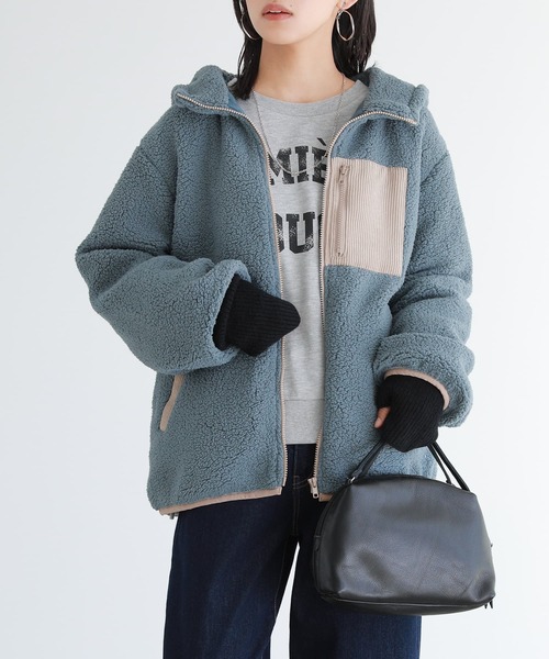 n'OrLABEL（ノアールレーベル）の「『異素材フーデッドボアブルゾン』（ブルゾン・レディース・モカ/ピンクベージュ/ライトカーキ/グレイッシュベージュ/ブラック/グレイッシュブルー/パープル/グリーン・FREE/1/2）」の22枚目の写真