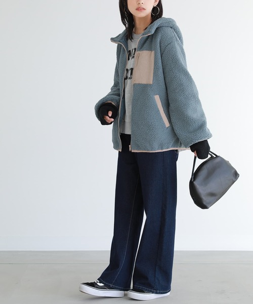 n'OrLABEL（ノアールレーベル）の「『異素材フーデッドボアブルゾン』（ブルゾン・レディース・モカ/ピンクベージュ/ライトカーキ/グレイッシュベージュ/ブラック/グレイッシュブルー/パープル/グリーン・FREE/1/2）」の21枚目の写真