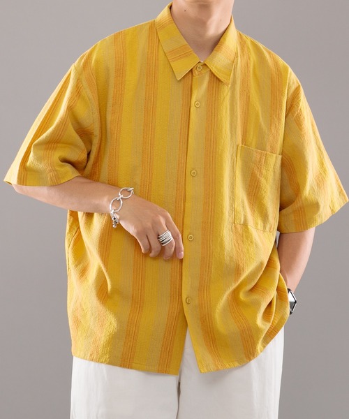 kutir（クティール）の「古着風ストライプシャツ（シャツ/ブラウス・メンズ・ダークブラウン/マスタード・MEDIUM/LARGE）」の8枚目の写真