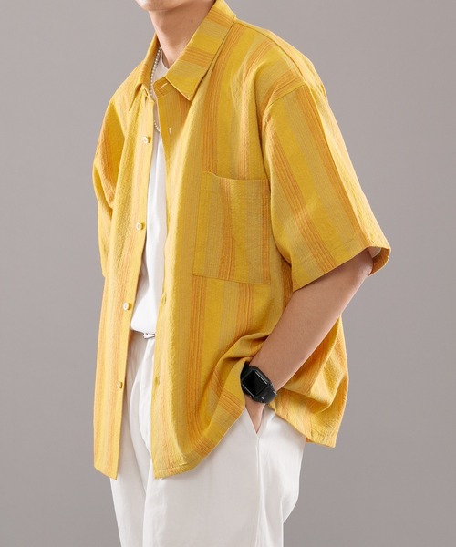 kutir（クティール）の「古着風ストライプシャツ（シャツ/ブラウス・メンズ・ダークブラウン/マスタード・MEDIUM/LARGE）」の9枚目の写真