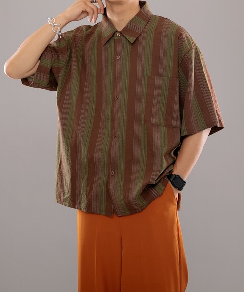 kutir（クティール）の「古着風ストライプシャツ（シャツ/ブラウス・メンズ・ダークブラウン/マスタード・MEDIUM/LARGE）」の17枚目の写真