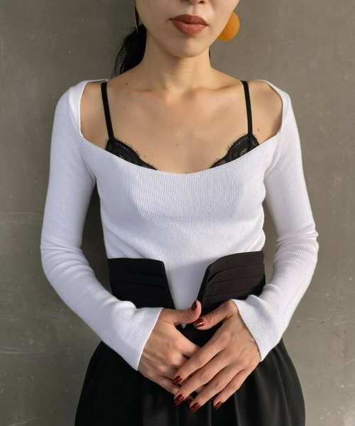 HIROSAI（ヒロサイ）の「スクエアネックニット（ニット/セーター・レディース・ホワイト/ブラック/レッド・S/M）」の9枚目の写真