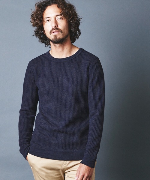 Magine(マージン)の「WOOL WAFFLE KNITSAW C/N L/S ウールワッフル ニットソー クルーネック ロングスリーブ(Tシャツ/カットソー)」|ネイビー