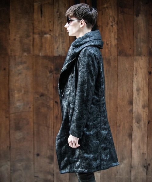 美品 JOHNNY WOLF 豹柄 BIGフーデッドロングライダースコート 美品