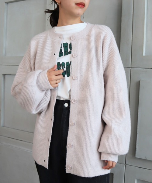 moment+（モーメントプラス）の「7G モヘヤタッチクルーネックもちもちルーズカーデ（カーディガン/ボレロ・レディース・チャコールグレー/ブラック/ダークグリーン/ブルー/アイボリー/ボルドー/グレイッシュベージュ/イエロー×グリーン・FREE）」の5枚目の写真