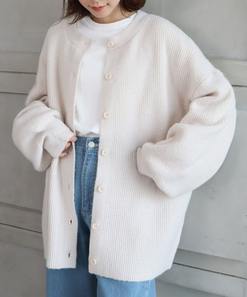 moment+（モーメントプラス）の「7G モヘヤタッチクルーネックもちもちルーズカーデ（カーディガン/ボレロ・レディース・チャコールグレー/ブラック/ダークグリーン/ブルー/アイボリー/ボルドー/グレイッシュベージュ/イエロー×グリーン・FREE）」の2枚目の写真