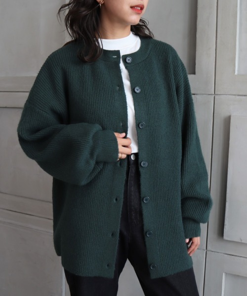 moment+（モーメントプラス）の「7G モヘヤタッチクルーネックもちもちルーズカーデ（カーディガン/ボレロ・レディース・チャコールグレー/ブラック/ダークグリーン/ブルー/アイボリー/ボルドー/グレイッシュベージュ/イエロー×グリーン・FREE）」の6枚目の写真