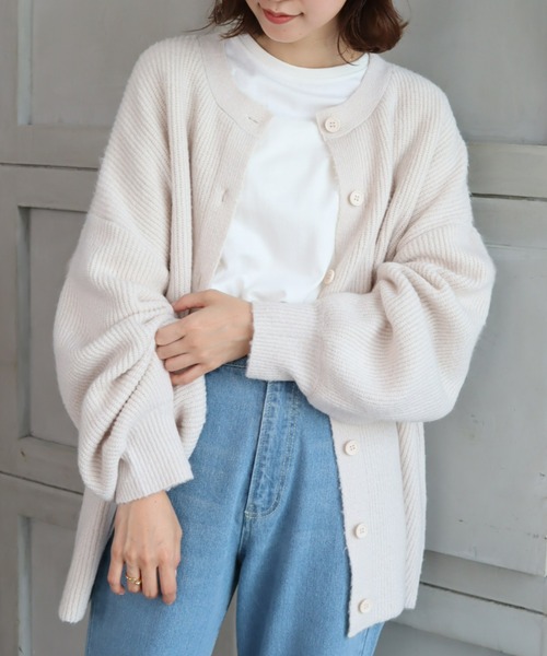 moment+（モーメントプラス）の「7G モヘヤタッチクルーネックもちもちルーズカーデ（カーディガン/ボレロ・レディース・チャコールグレー/ブラック/ダークグリーン/ブルー/アイボリー/ボルドー/グレイッシュベージュ/イエロー×グリーン・FREE）」の11枚目の写真