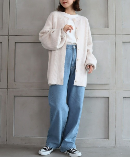 moment+（モーメントプラス）の「7G モヘヤタッチクルーネックもちもちルーズカーデ（カーディガン/ボレロ・レディース・チャコールグレー/ブラック/ダークグリーン/ブルー/アイボリー/ボルドー/グレイッシュベージュ/イエロー×グリーン・FREE）」の15枚目の写真