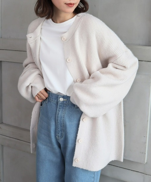 moment+（モーメントプラス）の「7G モヘヤタッチクルーネックもちもちルーズカーデ（カーディガン/ボレロ・レディース・チャコールグレー/ブラック/ダークグリーン/ブルー/アイボリー/ボルドー/グレイッシュベージュ/イエロー×グリーン・FREE）」の13枚目の写真