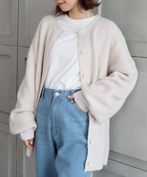 moment+（モーメントプラス）の「7G モヘヤタッチクルーネックもちもちルーズカーデ（カーディガン/ボレロ・レディース・チャコールグレー/ブラック/ダークグリーン/ブルー/アイボリー/ボルドー/グレイッシュベージュ/イエロー×グリーン・FREE）」の10枚目の写真