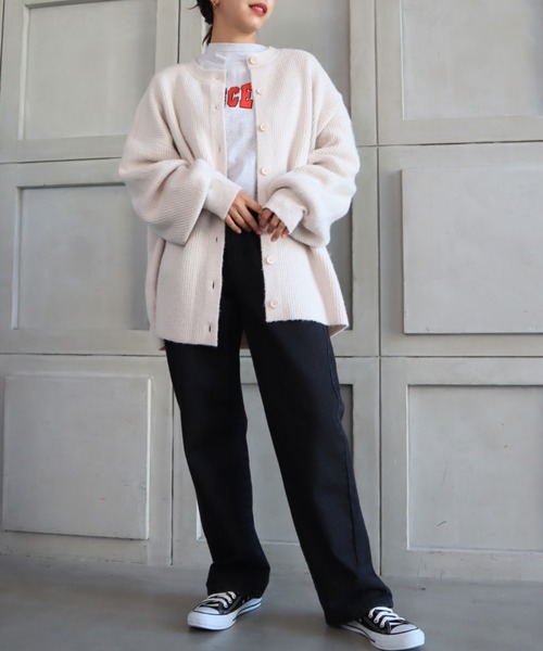 moment+（モーメントプラス）の「7G モヘヤタッチクルーネックもちもちルーズカーデ（カーディガン/ボレロ・レディース・チャコールグレー/ブラック/ダークグリーン/ブルー/アイボリー/ボルドー/グレイッシュベージュ/イエロー×グリーン・FREE）」の22枚目の写真