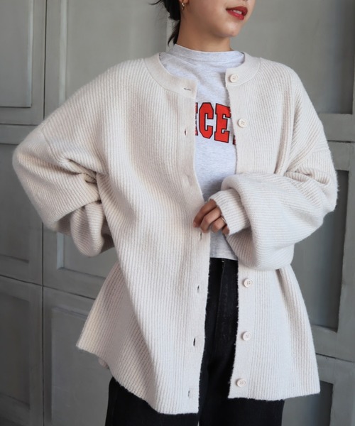 moment+（モーメントプラス）の「7G モヘヤタッチクルーネックもちもちルーズカーデ（カーディガン/ボレロ・レディース・チャコールグレー/ブラック/ダークグリーン/ブルー/アイボリー/ボルドー/グレイッシュベージュ/イエロー×グリーン・FREE）」の20枚目の写真