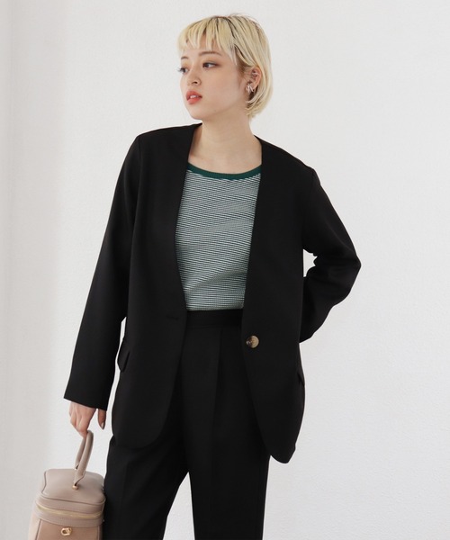 Shelly island（シェリーアイランド）の「ノーカラージャケット（ノーカラージャケット・レディース・ブラック/グレイッシュベージュ・M）」の22枚目の写真