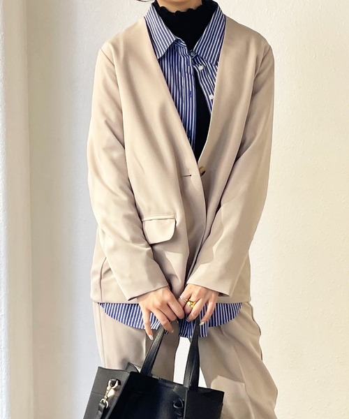 Shelly island（シェリーアイランド）の「ノーカラージャケット（ノーカラージャケット・レディース・ブラック/グレイッシュベージュ・M）」の11枚目の写真