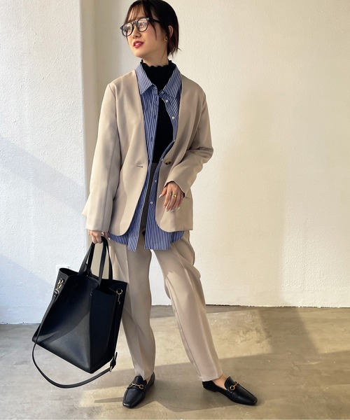 Shelly island（シェリーアイランド）の「ノーカラージャケット（ノーカラージャケット・レディース・ブラック/グレイッシュベージュ・M）」の12枚目の写真