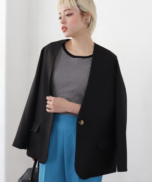 Shelly island（シェリーアイランド）の「ノーカラージャケット（ノーカラージャケット・レディース・ブラック/グレイッシュベージュ・M）」の18枚目の写真