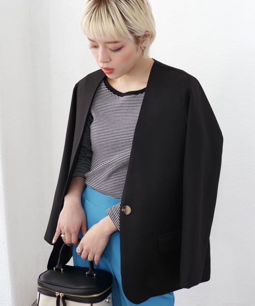 Shelly island（シェリーアイランド）の「ノーカラージャケット（ノーカラージャケット・レディース・ブラック/グレイッシュベージュ・M）」の19枚目の写真