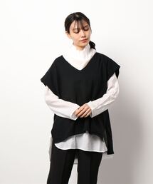 深Vネックニットベスト×シアーブラウスセット