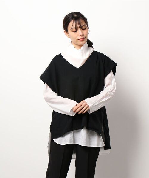 STYLEBLOCK（スタイルブロック）の「深Vネックニットベスト×シアーブラウスセット（シャツ/ブラウス・レディース・ホワイト系その他/ブラック/アイボリー・M）」の3枚目の写真