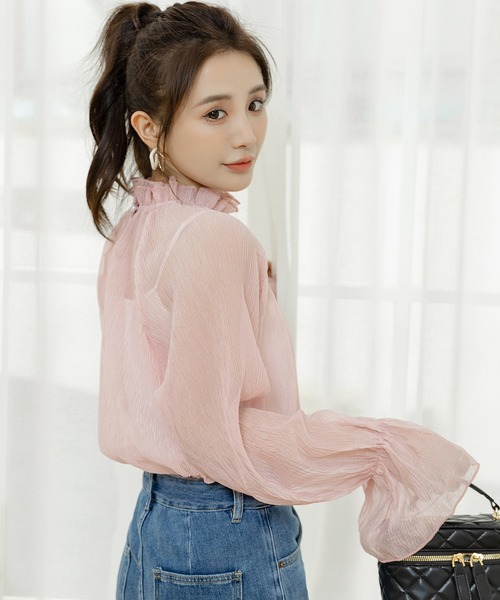 セール】レディース シースルーフリルハイネックブラウス