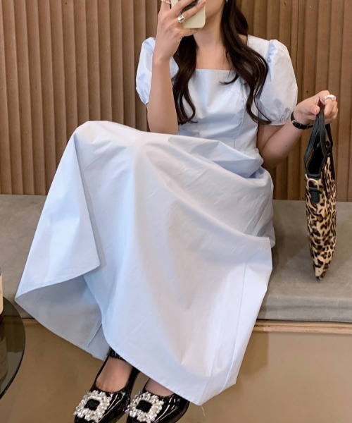 Opinion korean town（オピニオン コリアン タウン）の「YUGA バックオープン　パフスリーブフレアワンピース（ワンピース・レディース・ホワイト/ライトブルー/オレンジ/ライトイエロー/ブラック・FREE）」の3枚目の写真