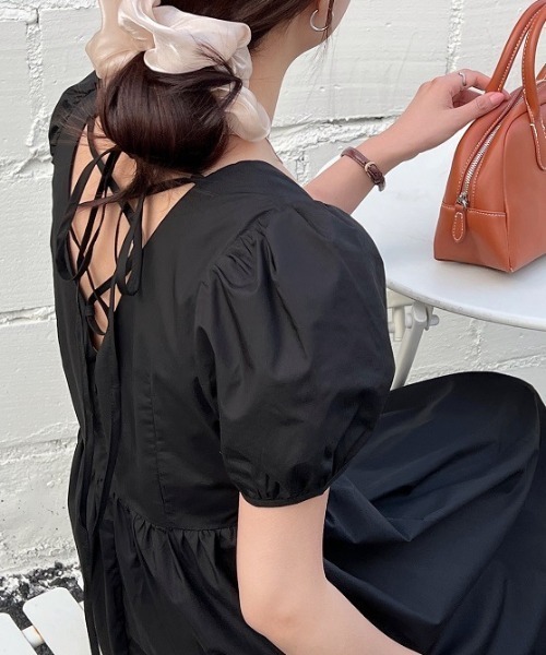 Opinion korean town（オピニオン コリアン タウン）の「YUGA バックオープン　パフスリーブフレアワンピース（ワンピース・レディース・ホワイト/ライトブルー/オレンジ/ライトイエロー/ブラック・FREE）」の15枚目の写真