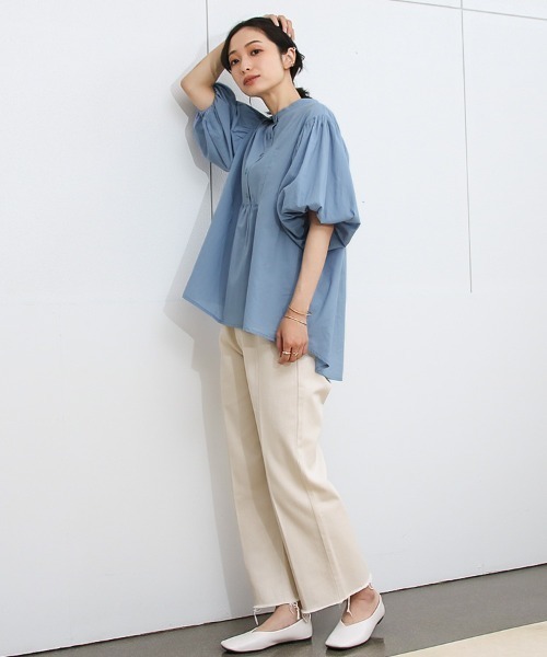 ブラウス シャツ ヨークリブ半袖シャツ レディース callautia ブラウス シャツ プリーツヨークフレア袖ブラウス