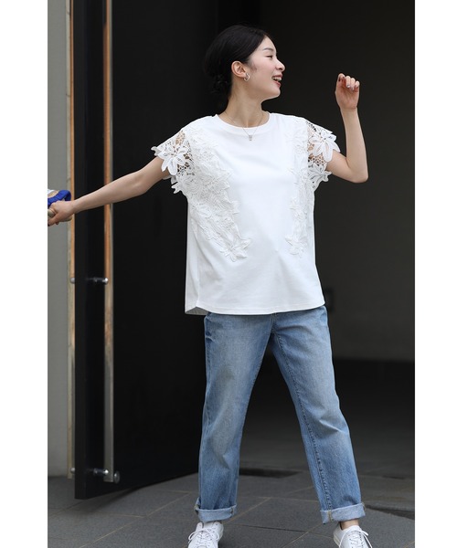 Sから2L対応 着ればエレガント増し花レース袖Tシャツトップス 楽天市場】（S~2L対応）着ればエレガント増し花レース袖Tシャツ