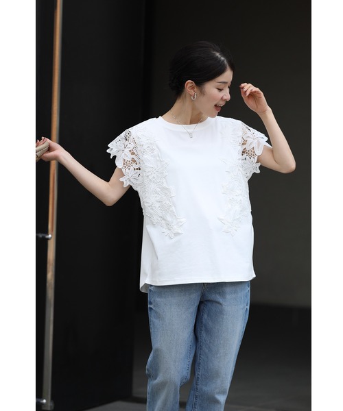 着ればエレガント増し花レース袖Tシャツ（Tシャツ/カットソー