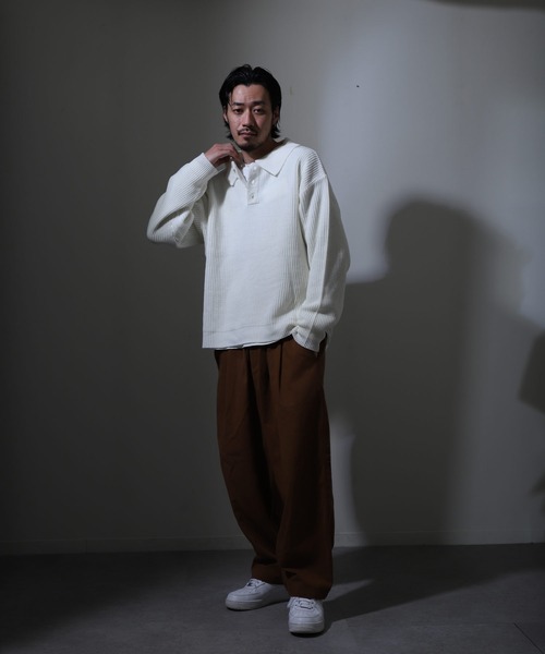 ZIP FIVE（ジップファイブ）の「【ZIP FIVE】ルーズニットポロシャツ/ドロップショルダー ポロニットセーター（ニット/セーター・レディース・ホワイト/ブラック/ベージュ/グレー・MEDIUM/LARGE/X-LARGE）」の12枚目の写真